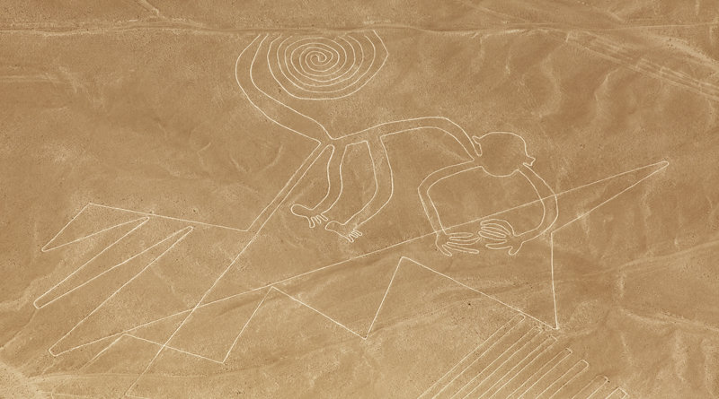 The monkey geoglyph in the Nazca Lines, with a length of approximately 55 meters, is an impressive testimony to the geometric precision and advanced engineering of the Nazca culture.